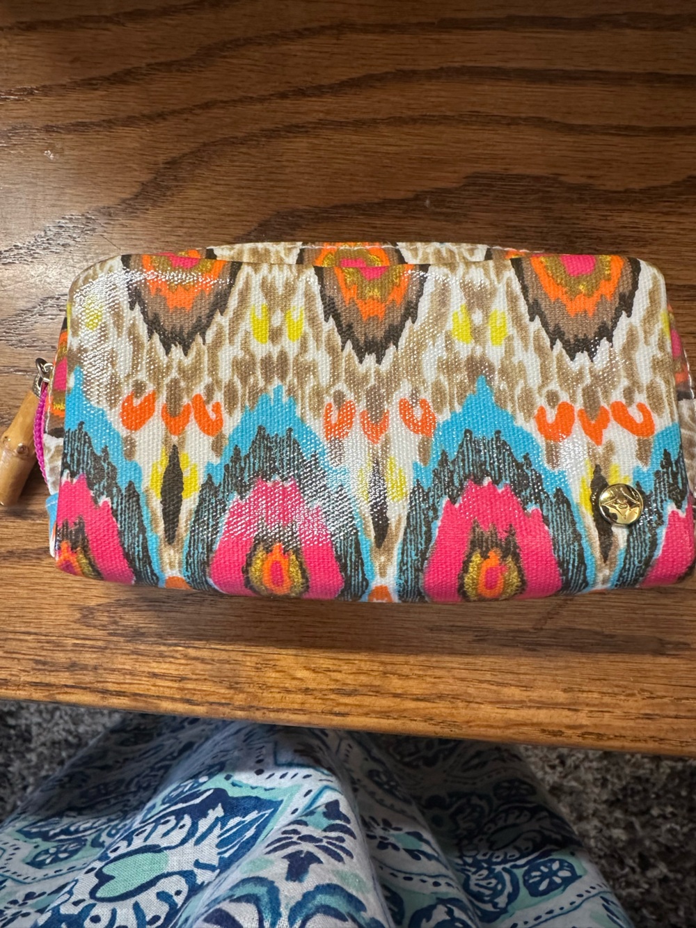 Stephanie Johnson Floral Coin Pouch with Turquoise Lining and Hot Pink Zipper